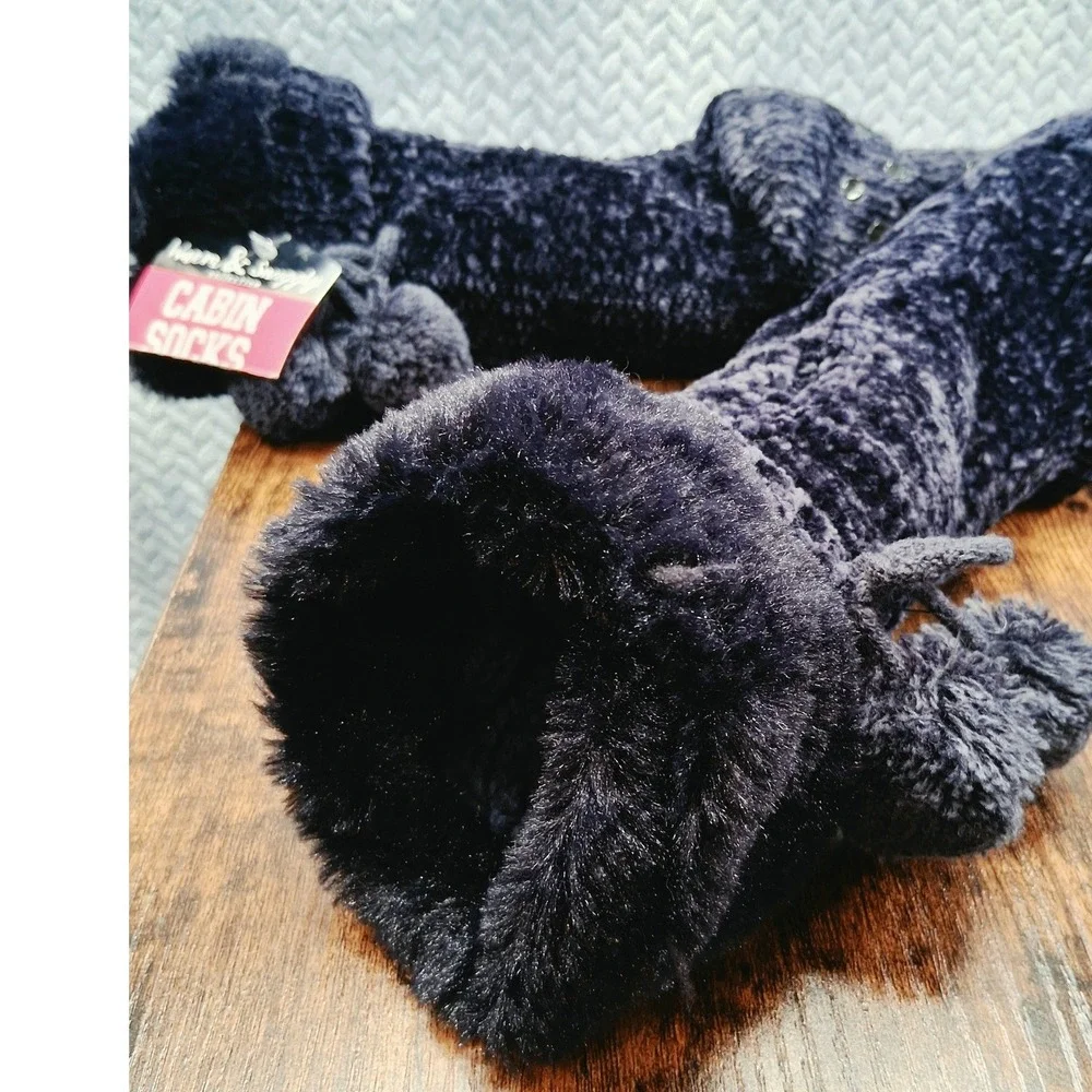 Warm & Snuggly Collection Cabin Socks Navy Blue Chenille Faux Fur Pom Poms NWT